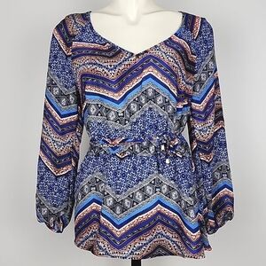 New Look Boho V Neck Long Sleeve Top Blue Red Grey Print Lightweight Size  M